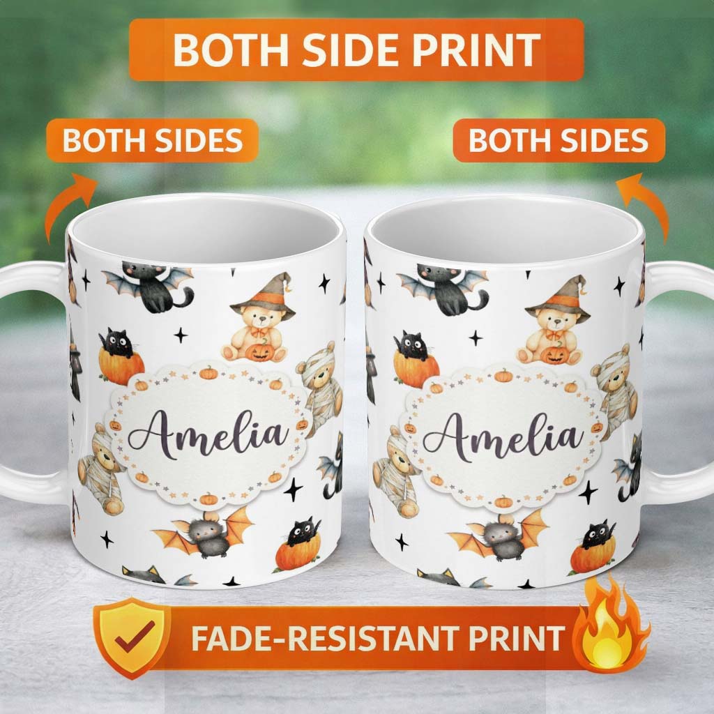 Personalized Custom Name Halloween Teddy Bear Witch Cat Bat Pumpkin Seamless Pattern Light 11oz Ceramic Coffee Tea Mug White Large Handle