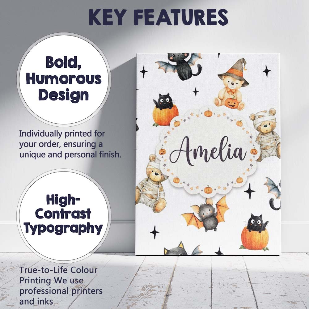Personalised Name Halloween Teddy Bear Custom Modern Room Accent Elegant Feature Canvas Wall Art Print Decor Picture Ready to Hang