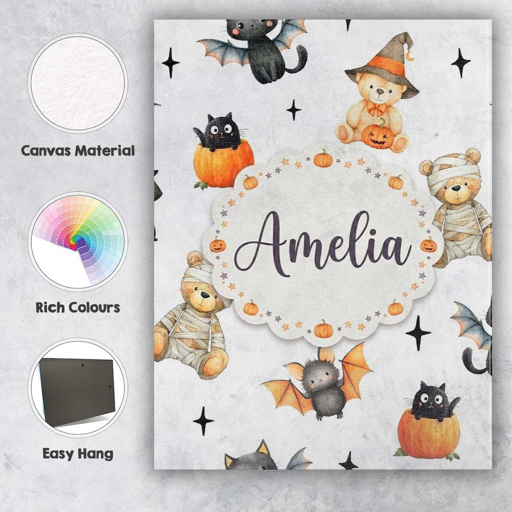 Personalised Name Halloween Teddy Bear Custom Modern Room Accent Elegant Feature Canvas Wall Art Print Decor Picture Ready to Hang