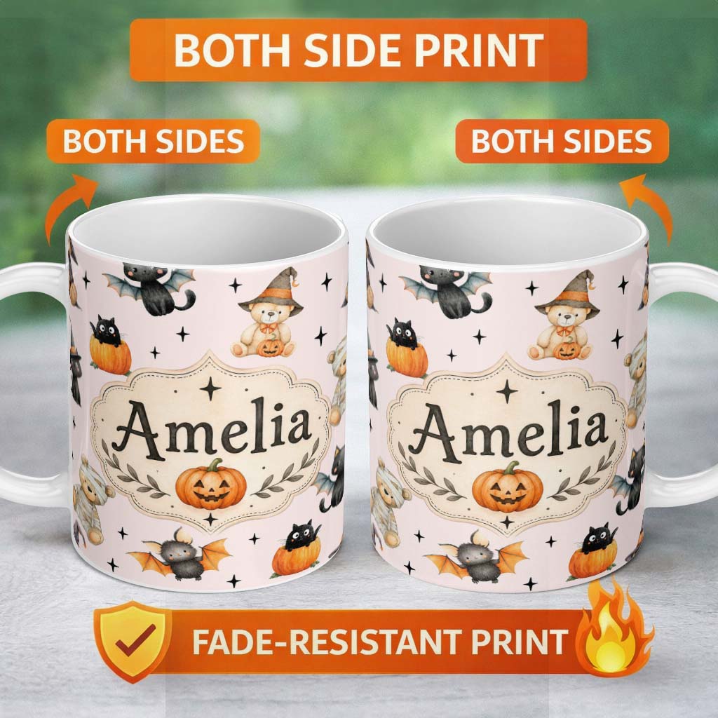 Personalized Custom Name Cute Halloween Teddy Bears Mummy Witch Cat Pumpkin Stars Pink Lovely 11oz Ceramic Coffee Tea Mug White Large Handle