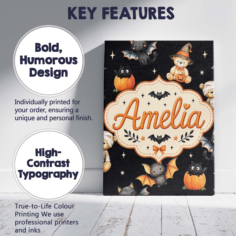 Personalised Name Halloween Teddy Bear Custom Modern Room Accent Elegant Feature Canvas Wall Art Print Decor Picture Ready to Hang