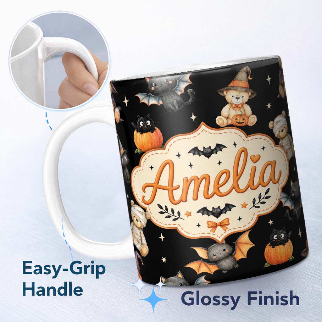 Personalized Custom Name Halloween Teddy Bear Witch Cat Bat Pumpkin Seamless Pattern Light 11oz Ceramic Coffee Tea Mug White Large Handle