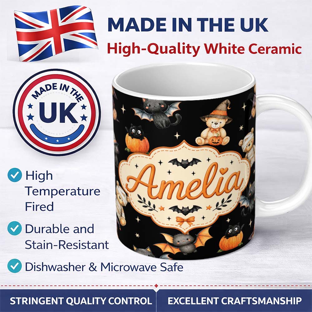 Personalized Custom Name Halloween Teddy Bear Witch Cat Bat Pumpkin Seamless Pattern Light 11oz Ceramic Coffee Tea Mug White Large Handle
