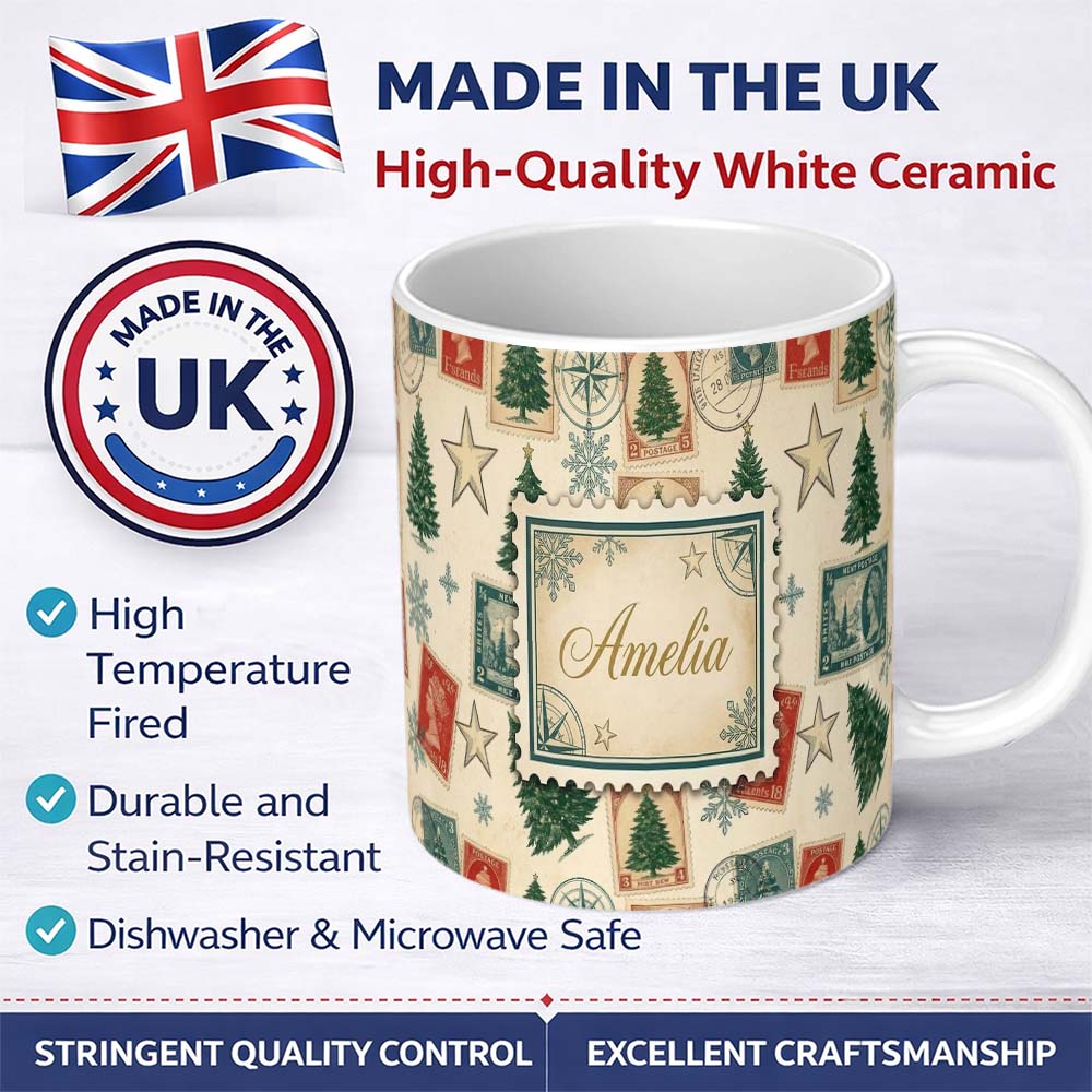 Personalized Custom Name Vintage Christmas Postcards Stamps and Winter Scenes Seamless Lovely 11oz Ceramic Coffee Tea Mug White Large Handle