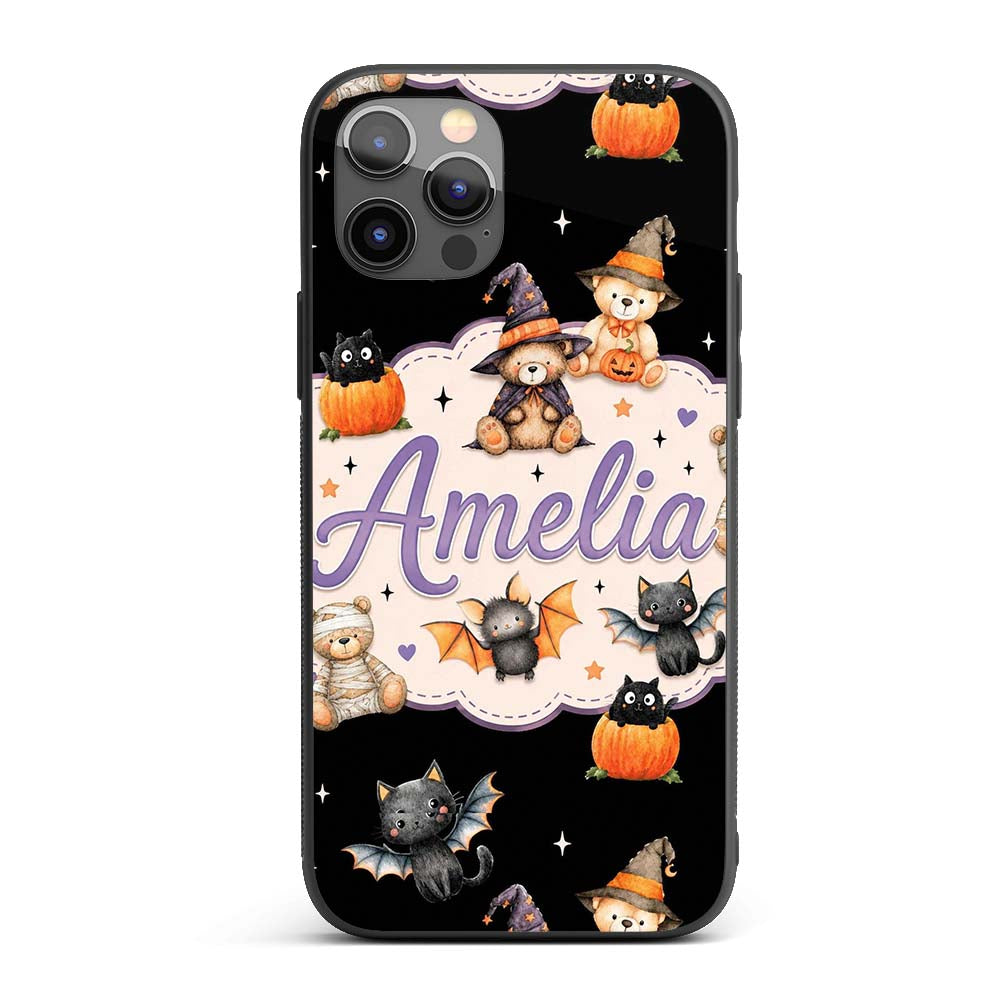 Halloween Teddy Bear Witch Cat Bat Printed Design Custom Name Protective Phone Case Mobile Cover Durable Everyday Smartphone Shock Resistant