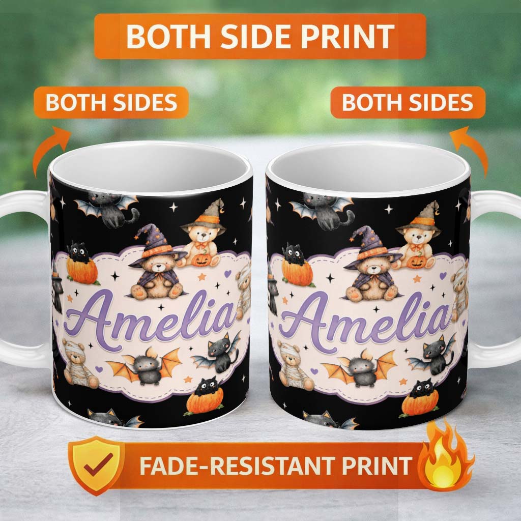 Personalized Custom Name Halloween Teddy Bear Witch Cat Bat Pumpkin Seamless Pattern White 11oz Ceramic Coffee Tea Mug White Large Handle
