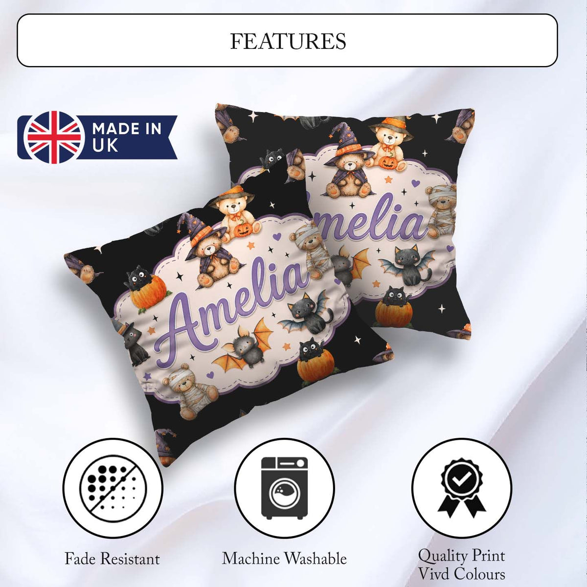 Custom Name Halloween Teddy Witch Cat Bat Pumpkin Seamless White Square Filled Cushion Throw Pillow Sofa Bed Home Decor Zip Washable UK Made