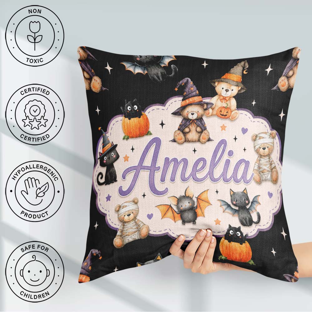 Custom Name Halloween Teddy Witch Cat Bat Pumpkin Seamless White Square Filled Cushion Throw Pillow Sofa Bed Home Decor Zip Washable UK Made