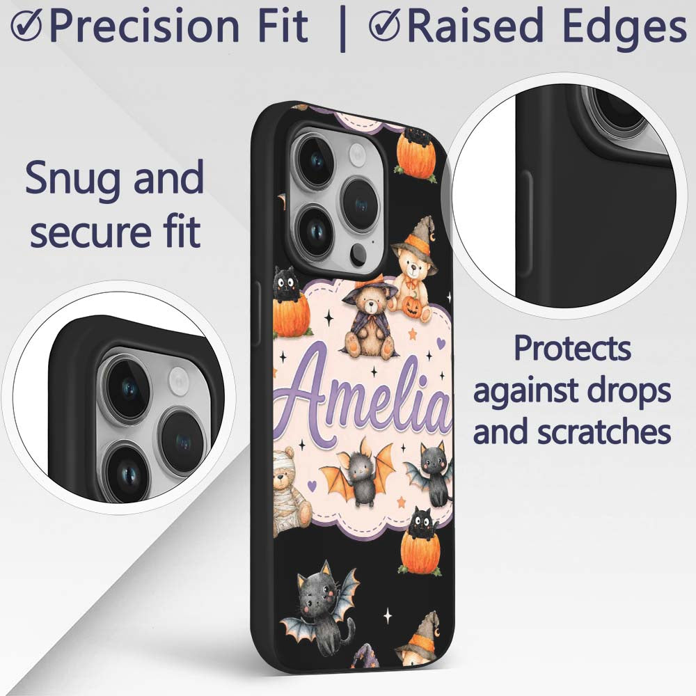 Halloween Teddy Bear Witch Cat Bat Printed Design Custom Name Protective Phone Case Mobile Cover Durable Everyday Smartphone Shock Resistant