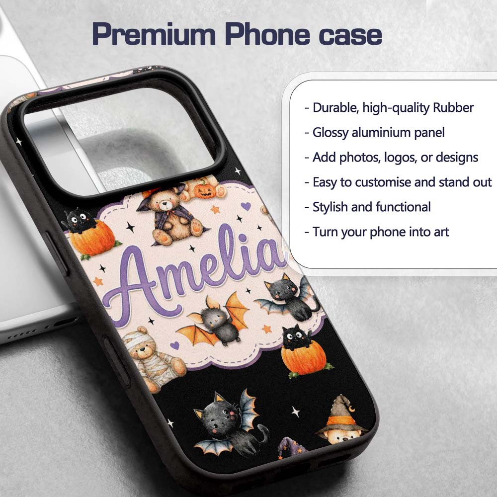 Halloween Teddy Bear Witch Cat Bat Printed Design Custom Name Protective Phone Case Mobile Cover Durable Everyday Smartphone Shock Resistant