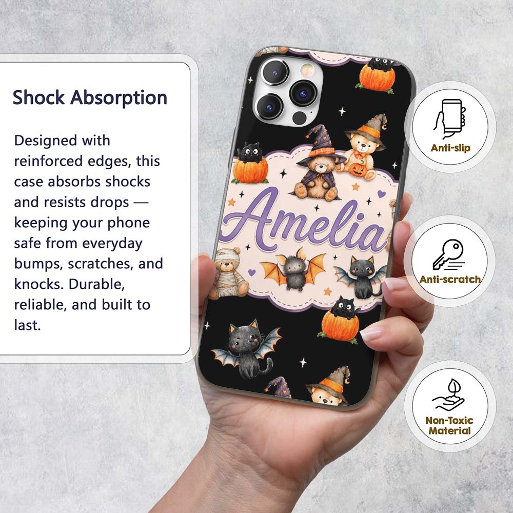 Halloween Teddy Bear Witch Cat Bat Printed Design Custom Name Protective Phone Case Mobile Cover Durable Everyday Smartphone Shock Resistant