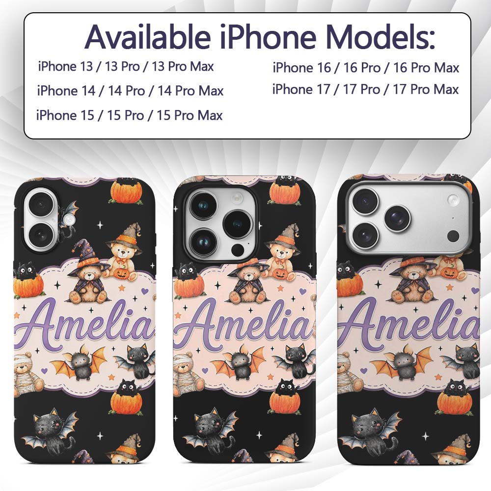 Halloween Teddy Bear Witch Cat Bat Printed Design Custom Name Protective Phone Case Mobile Cover Durable Everyday Smartphone Shock Resistant