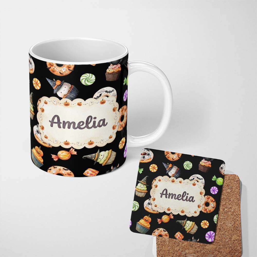 Personalized Custom Name Halloween Donuts Cupcakes Candy Bat Ghost Seamless Pattern White 11oz Ceramic Coffee Tea Mug White Large Handle