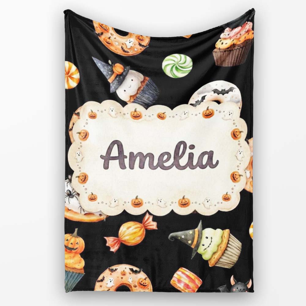 Halloween Donuts Cupcakes Candy Bat Ghost Seamless Pattern White Personalised Custom Name Super Soft Fleece Blanket Bed Sofa Throw