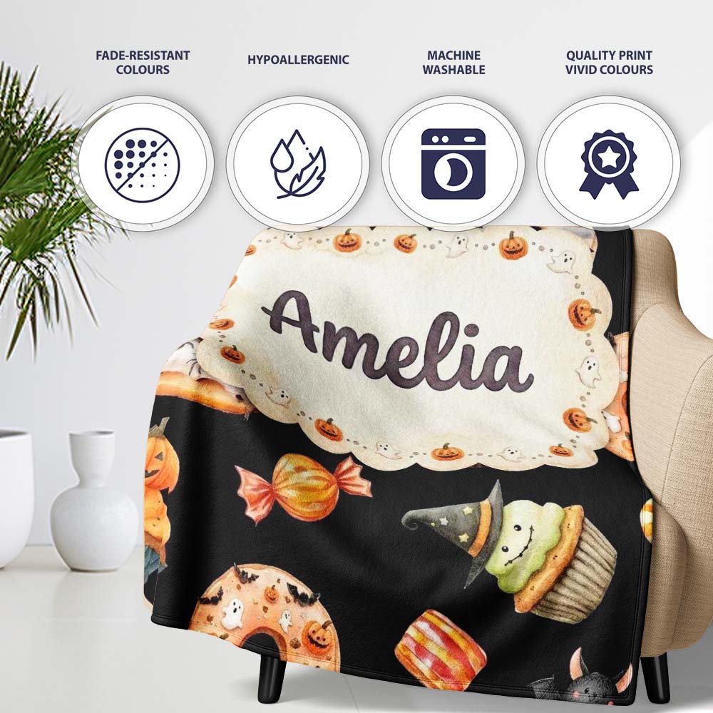 Halloween Donuts Cupcakes Candy Bat Ghost Seamless Pattern White Personalised Custom Name Super Soft Fleece Blanket Bed Sofa Throw