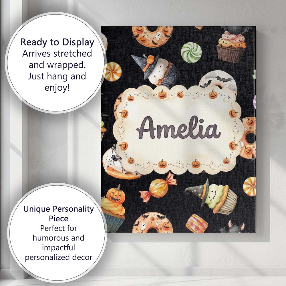 Personalised Name Halloween Donuts Cupcakes Custom Bespoke Interior Contemporary Canvas Wall Art Print Decor Picture Ready to Hang