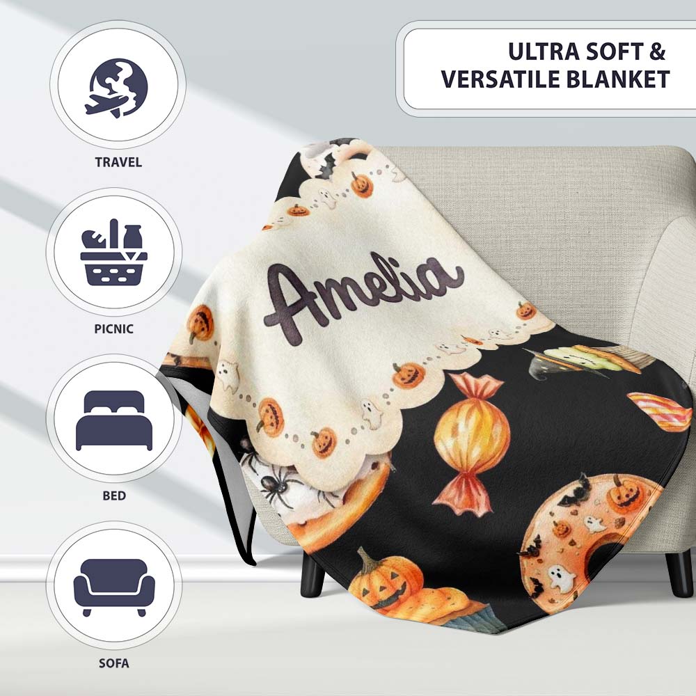 Halloween Donuts Cupcakes Candy Bat Ghost Seamless Pattern White Personalised Custom Name Super Soft Fleece Blanket Bed Sofa Throw