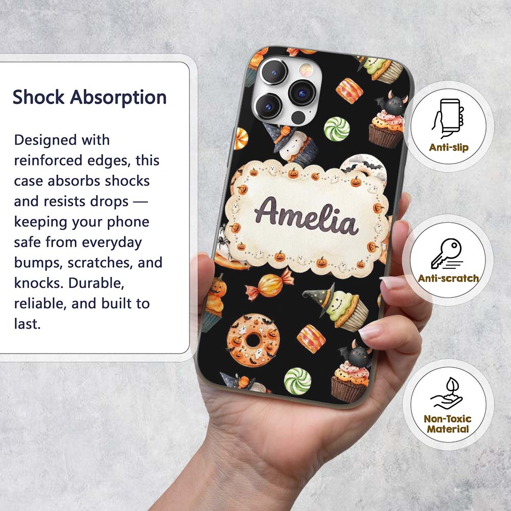 Halloween Donuts Cupcakes Candy Printed Design Custom Name Protective Phone Case Mobile Cover Durable Everyday Smartphone Shock Resistant