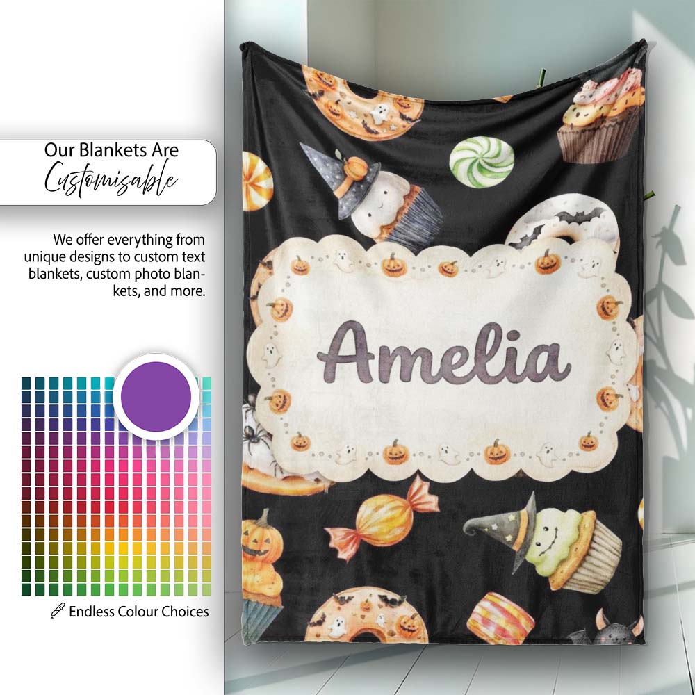 Halloween Donuts Cupcakes Candy Bat Ghost Seamless Pattern White Personalised Custom Name Super Soft Fleece Blanket Bed Sofa Throw
