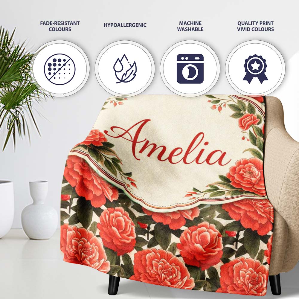 Blush Pink Peony Floral Seamless Pattern Perfect Gift for Her Lovely Personalised Custom Name Super Soft Fleece Blanket Bed Sofa Throw