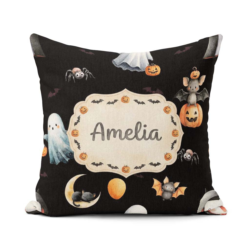 Custom Name Halloween Vampire Ghost Bat Pumpkin Seamless Pattern Square Filled Cushion Throw Pillow Sofa Bed Home Decor Zip Washable UK Made