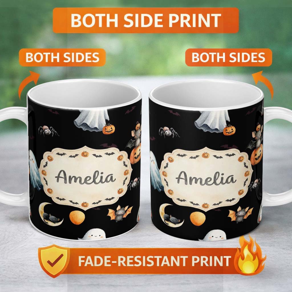 Personalized Custom Name Halloween Vampire Ghost Bat Pumpkin Character Seamless Pattern 11oz Ceramic Coffee Tea Mug White Large Handle