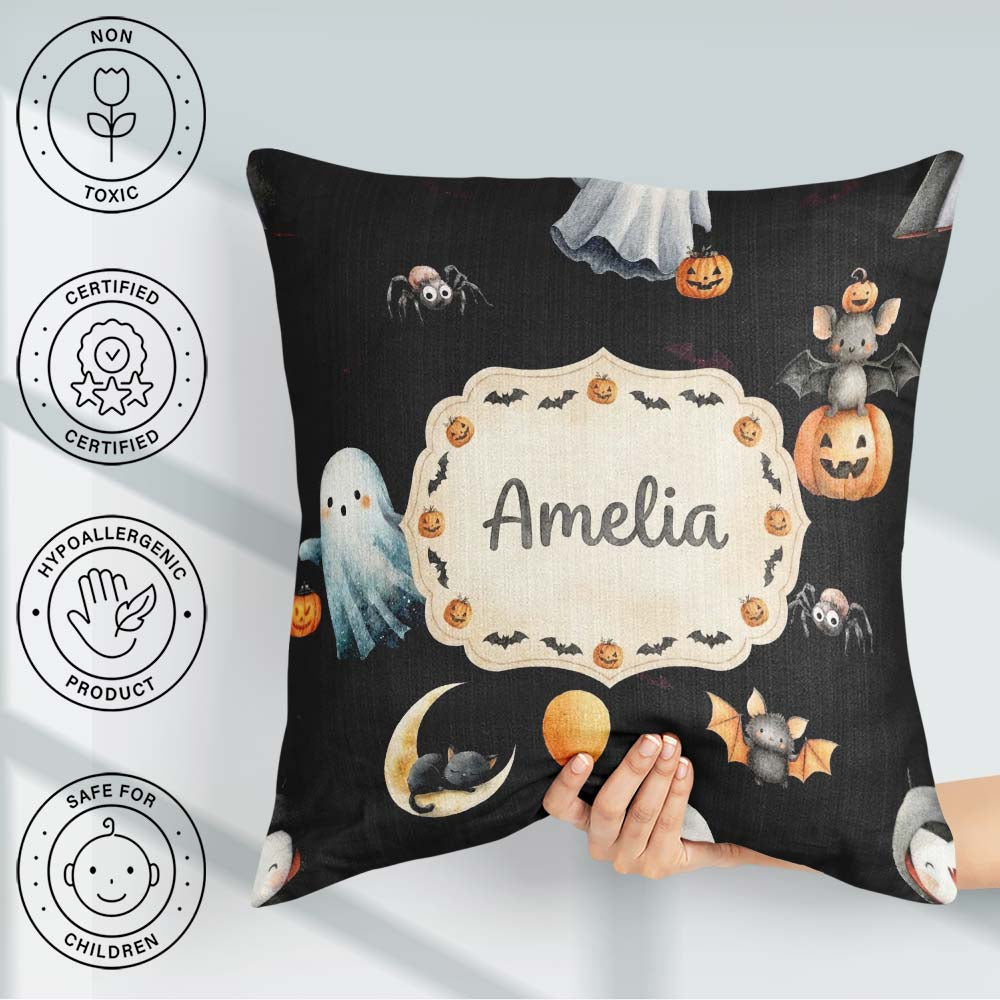 Custom Name Halloween Vampire Ghost Bat Pumpkin Seamless Pattern Square Filled Cushion Throw Pillow Sofa Bed Home Decor Zip Washable UK Made