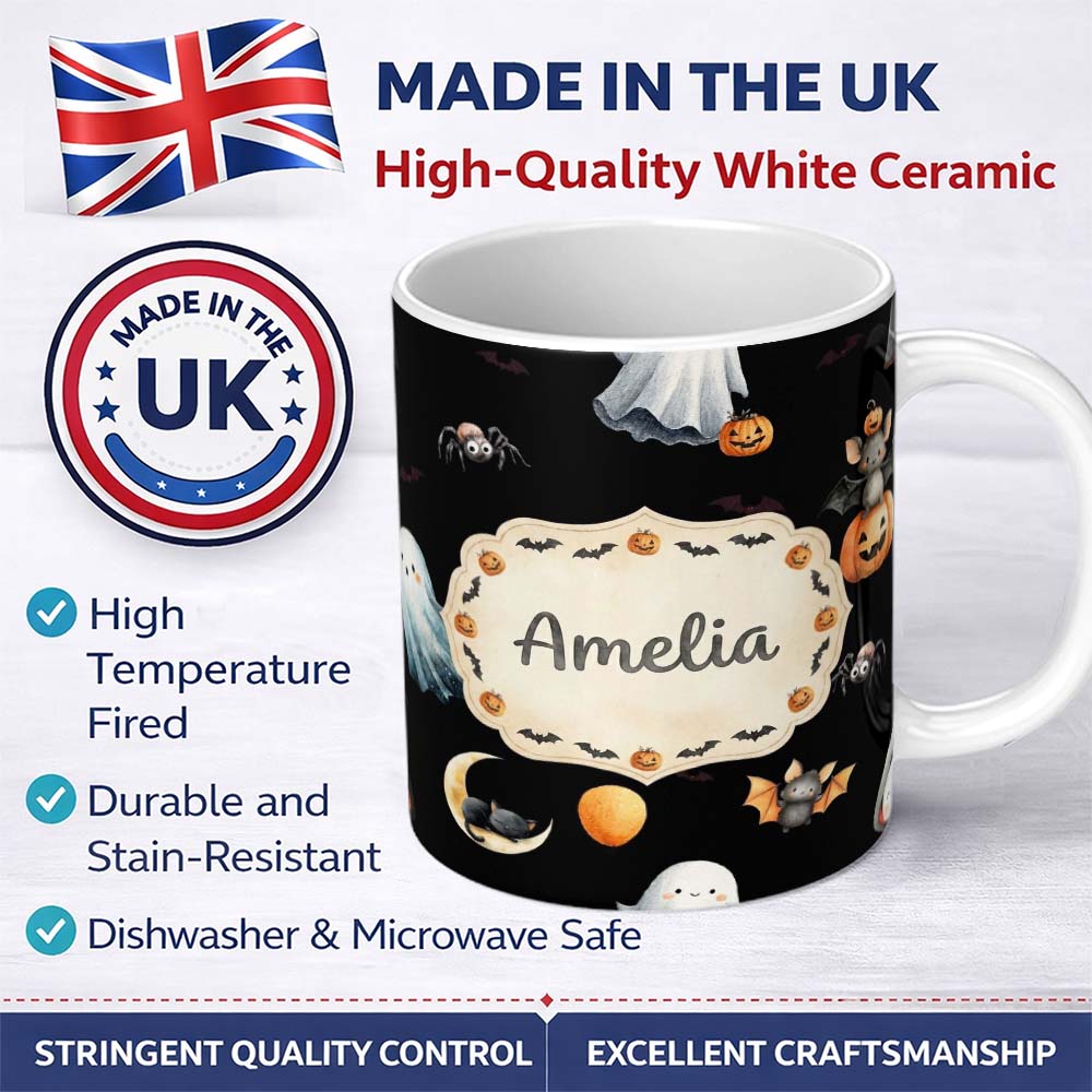 Personalized Custom Name Halloween Vampire Ghost Bat Pumpkin Character Seamless Pattern 11oz Ceramic Coffee Tea Mug White Large Handle