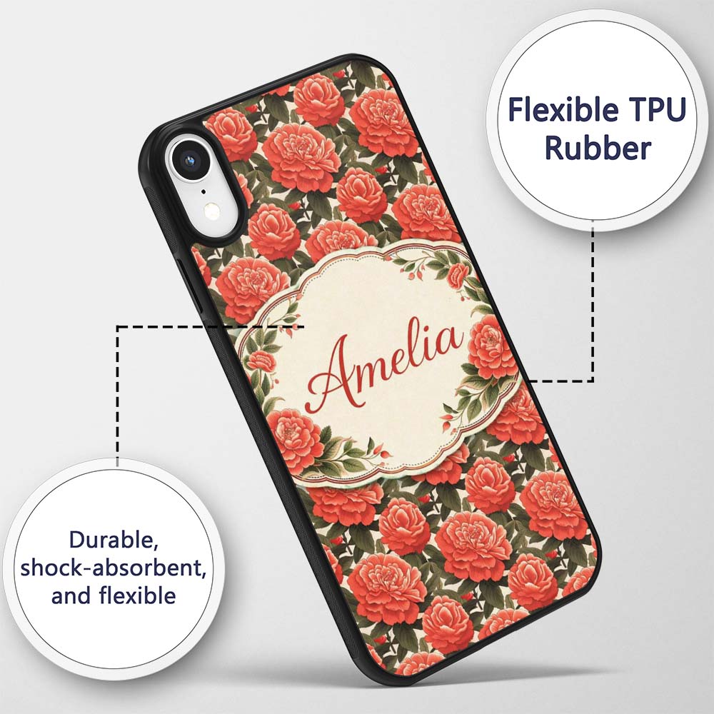 Blush Pink Peony Floral Seamless Printed Design Custom Name Protective Phone Case Mobile Cover Durable Everyday Smartphone Shock Resistant