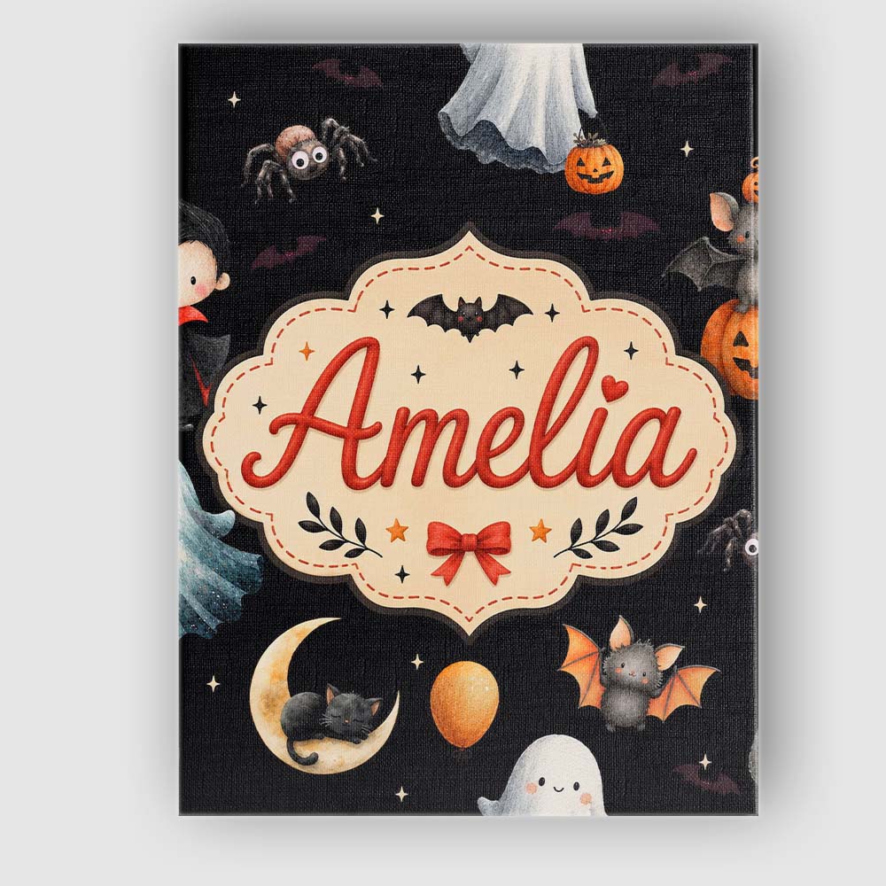 Personalised Name Halloween Witch Girl Cat Custom Unique Gift Idea Elegant Feature Canvas Wall Art Print Decor Picture Ready to Hang
