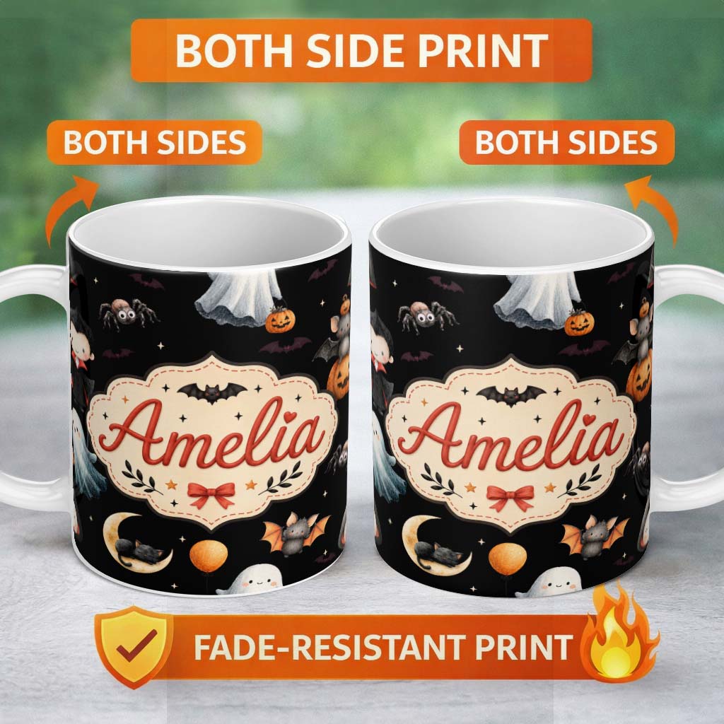 Personalized Custom Name Halloween Witch Girl Cat Moon Stars Pumpkin Seamless Pattern White 11oz Ceramic Coffee Tea Mug White Large Handle