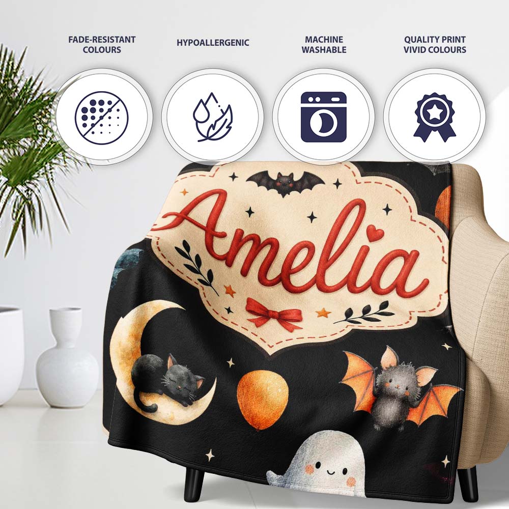 Halloween Witch Girl Cat Moon Stars Pumpkin Seamless Pattern White Personalised Custom Name Super Soft Fleece Blanket Bed Sofa Throw