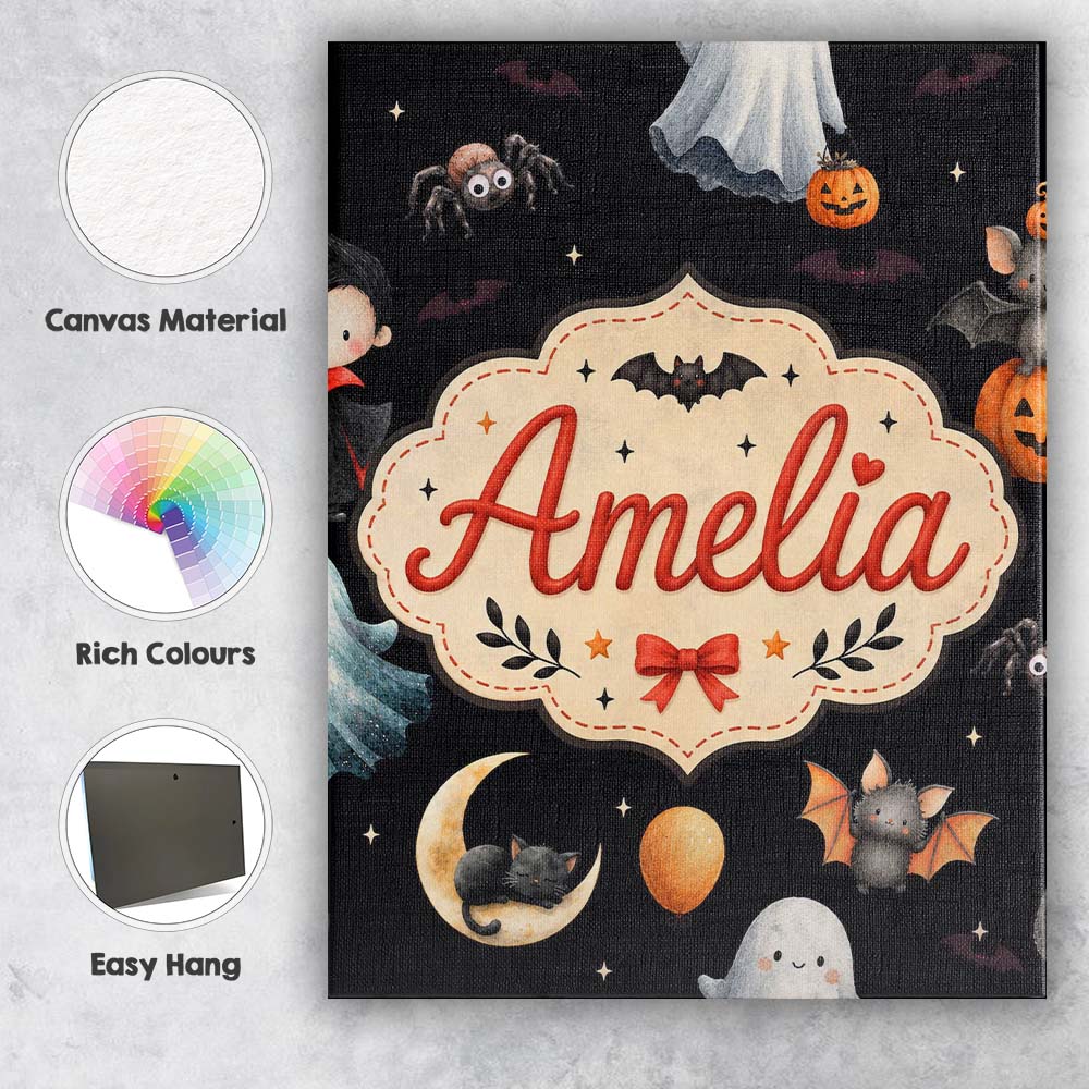 Personalised Name Halloween Witch Girl Cat Custom Unique Gift Idea Elegant Feature Canvas Wall Art Print Decor Picture Ready to Hang