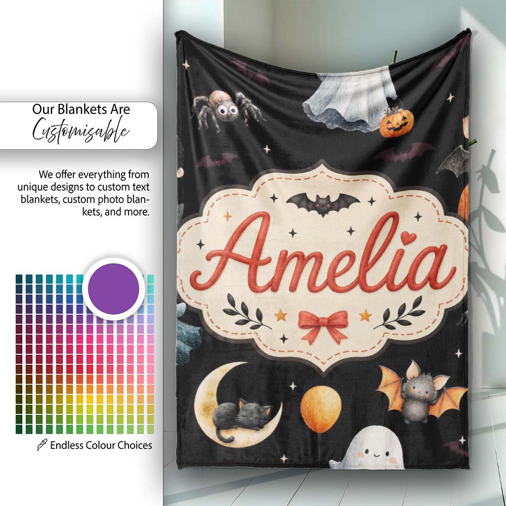 Halloween Witch Girl Cat Moon Stars Pumpkin Seamless Pattern White Personalised Custom Name Super Soft Fleece Blanket Bed Sofa Throw