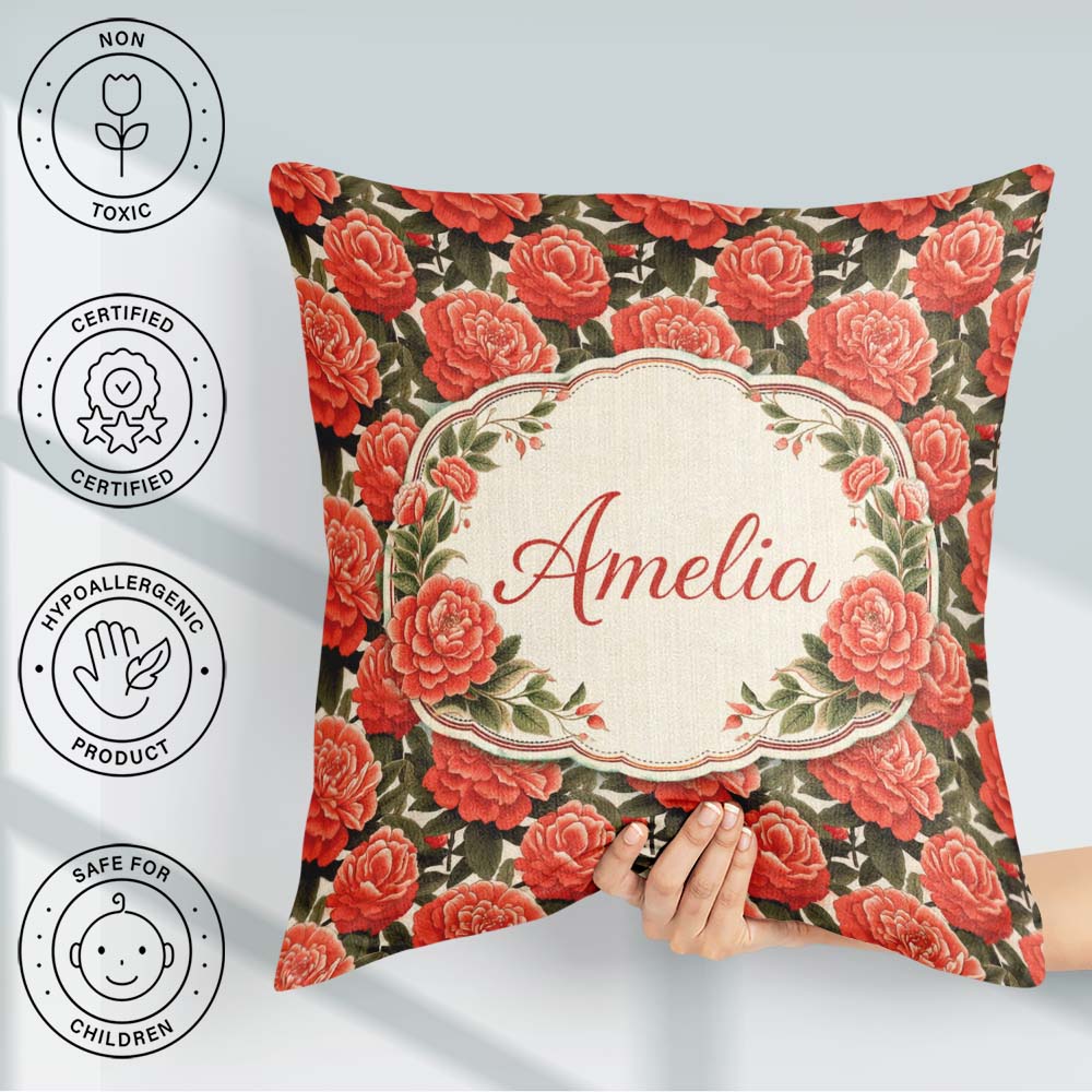 Custom Name Blush Pink Peony Floral Seamless Pattern Perfect for Square Filled Cushion Throw Pillow Sofa Bed Home Decor Zip Washable UK Made