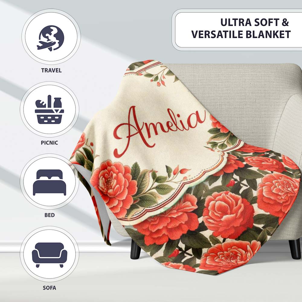 Blush Pink Peony Floral Seamless Pattern Perfect Gift for Her Lovely Personalised Custom Name Super Soft Fleece Blanket Bed Sofa Throw