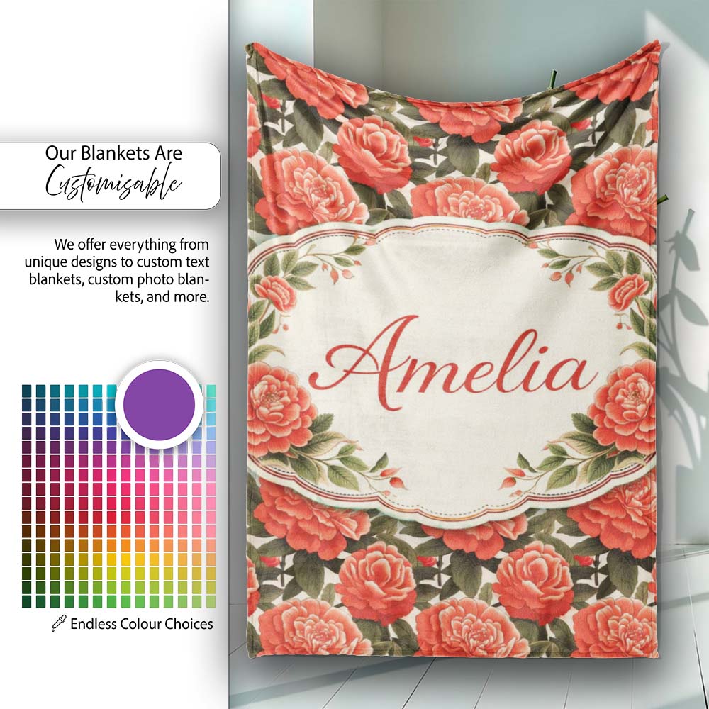 Blush Pink Peony Floral Seamless Pattern Perfect Gift for Her Lovely Personalised Custom Name Super Soft Fleece Blanket Bed Sofa Throw