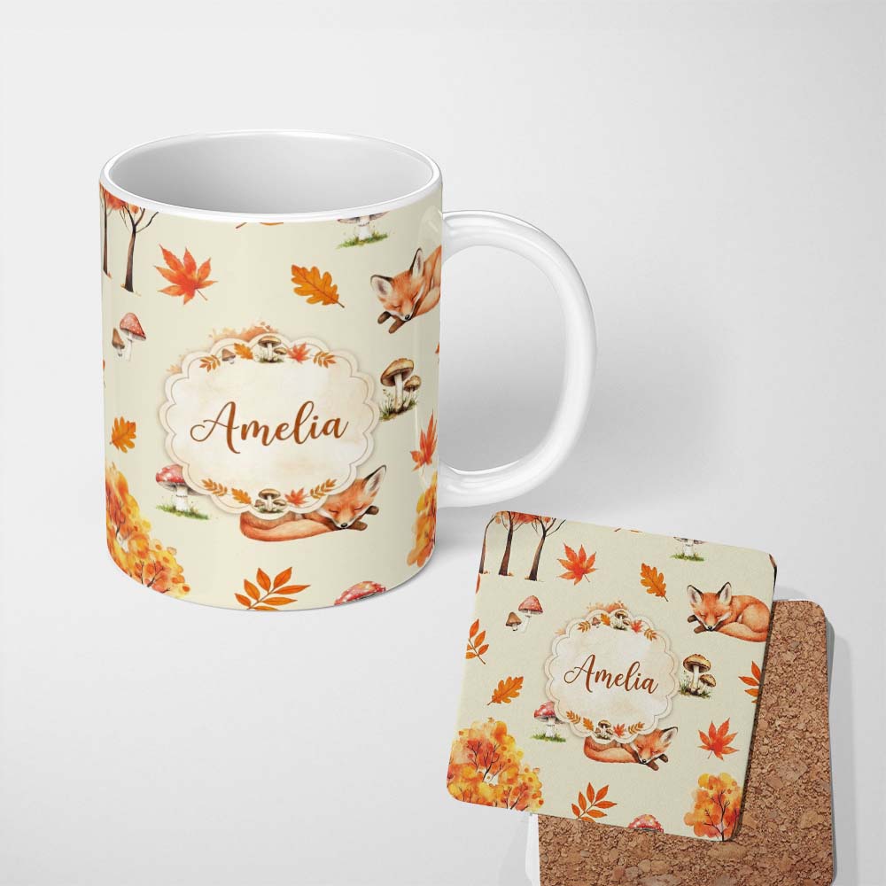 Personalized Custom Name Cute Autumn Fox Leaves Mushrooms Forest Seamless Pattern Cream 11oz Ceramic Coffee Tea Mug White Large Handle