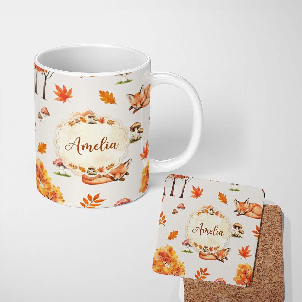 Personalized Custom Name Cute Autumn Fox Leaves Mushrooms Forest Seamless Pattern Light Grey 11oz Ceramic Coffee Tea Mug White Large Handle
