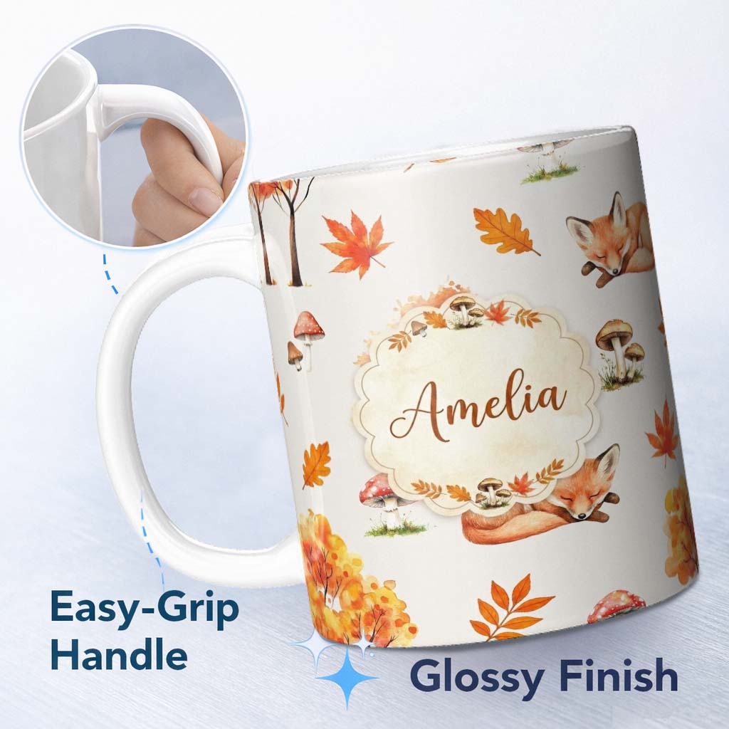 Personalized Custom Name Cute Autumn Fox Leaves Mushrooms Forest Seamless Pattern Light Grey 11oz Ceramic Coffee Tea Mug White Large Handle