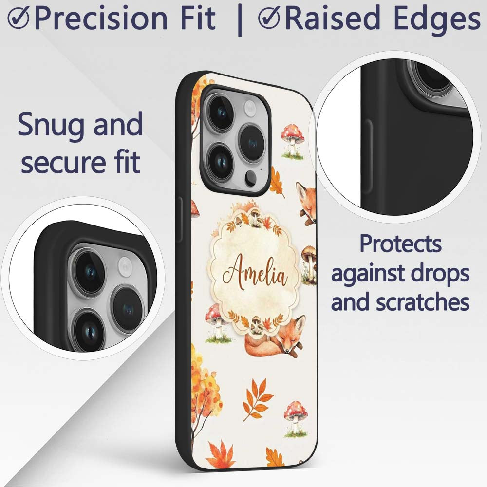 Cute Autumn Fox Leaves Mushrooms Forest Seamless Custom Name Protective Phone Case Mobile Cover Durable Everyday Smartphone Shock Resistant