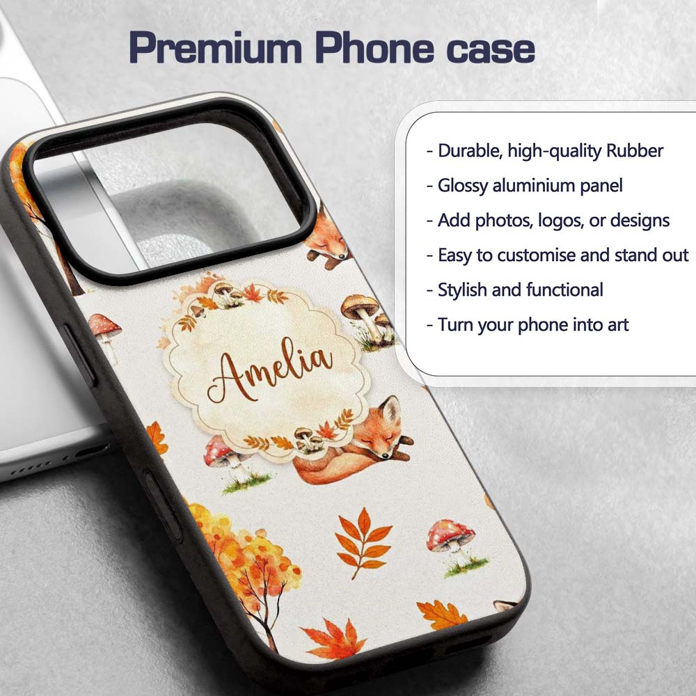Cute Autumn Fox Leaves Mushrooms Forest Seamless Custom Name Protective Phone Case Mobile Cover Durable Everyday Smartphone Shock Resistant