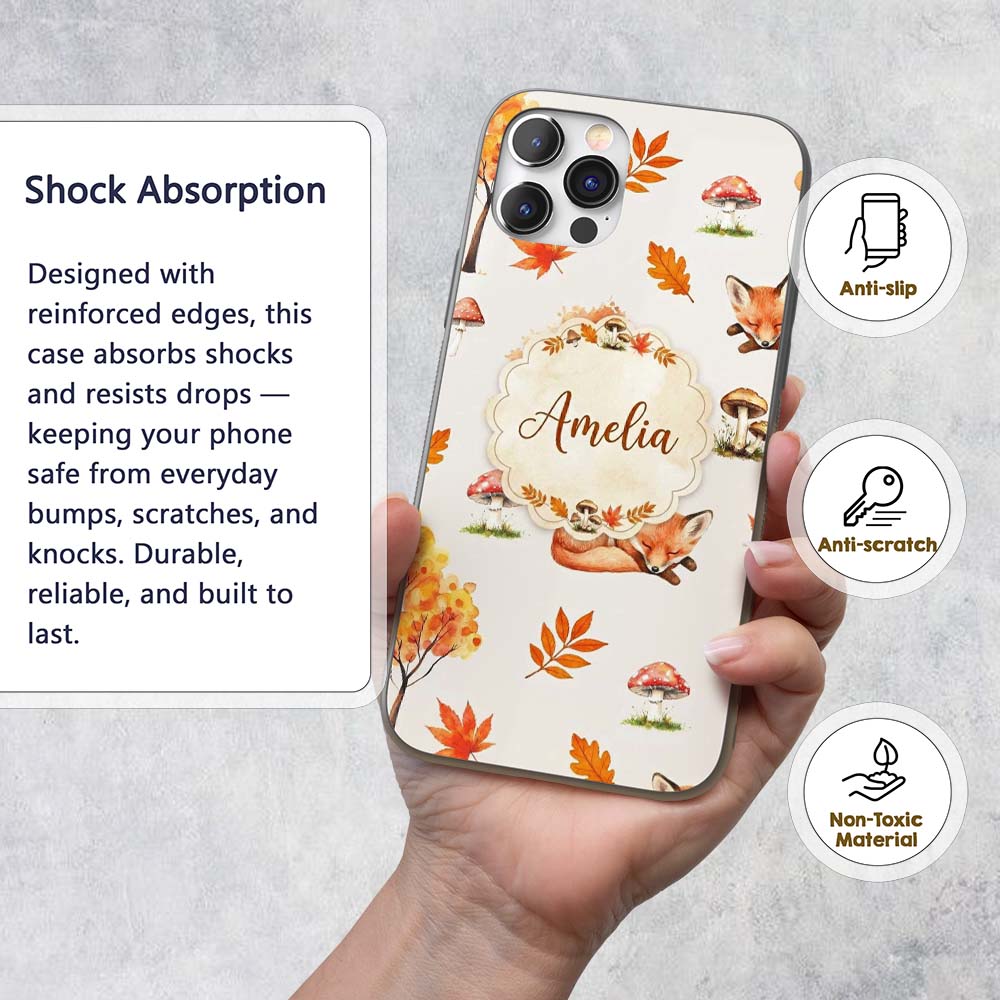 Cute Autumn Fox Leaves Mushrooms Forest Seamless Custom Name Protective Phone Case Mobile Cover Durable Everyday Smartphone Shock Resistant
