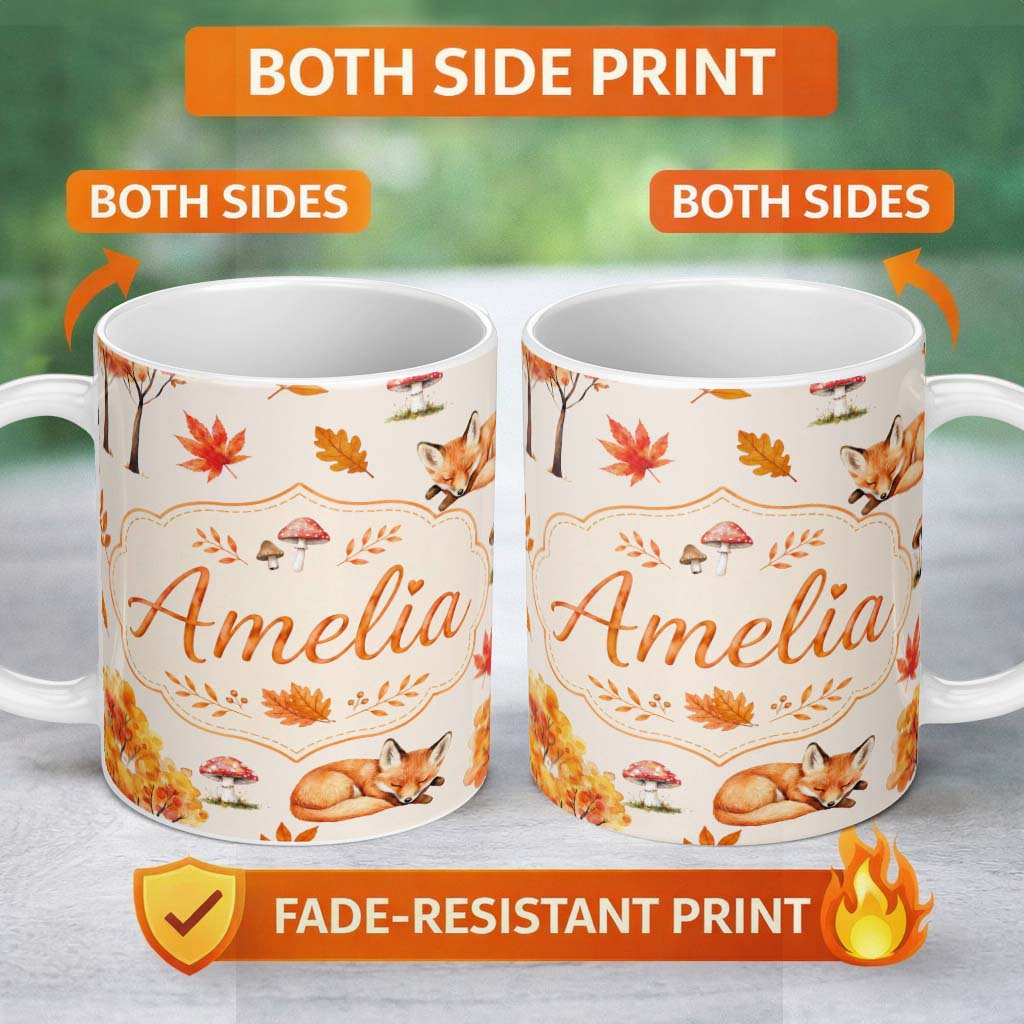 Personalized Custom Name Sleeping Fox Autumn Leaves Mushrooms Forest Seamless Pattern Beige 11oz Ceramic Coffee Tea Mug White Large Handle