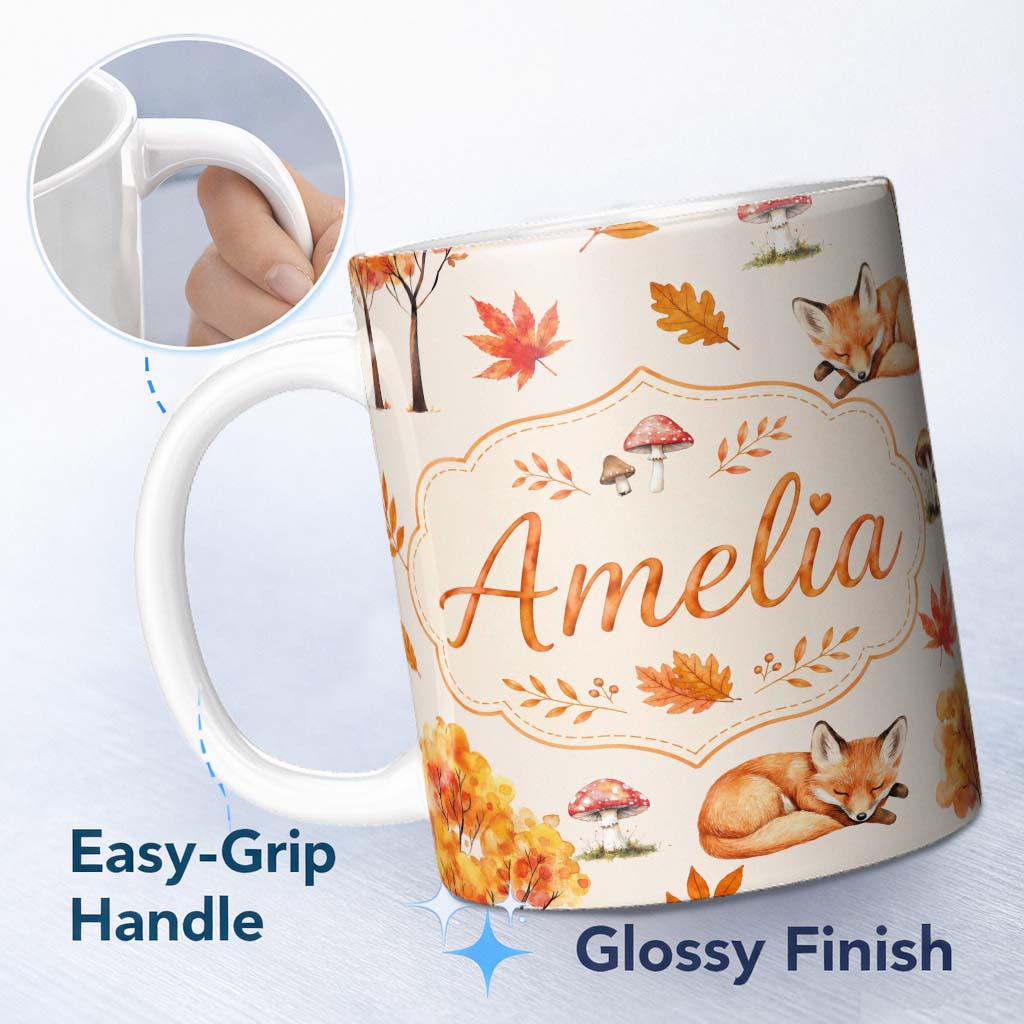 Personalized Custom Name Sleeping Fox Autumn Leaves Mushrooms Forest Seamless Pattern Beige 11oz Ceramic Coffee Tea Mug White Large Handle