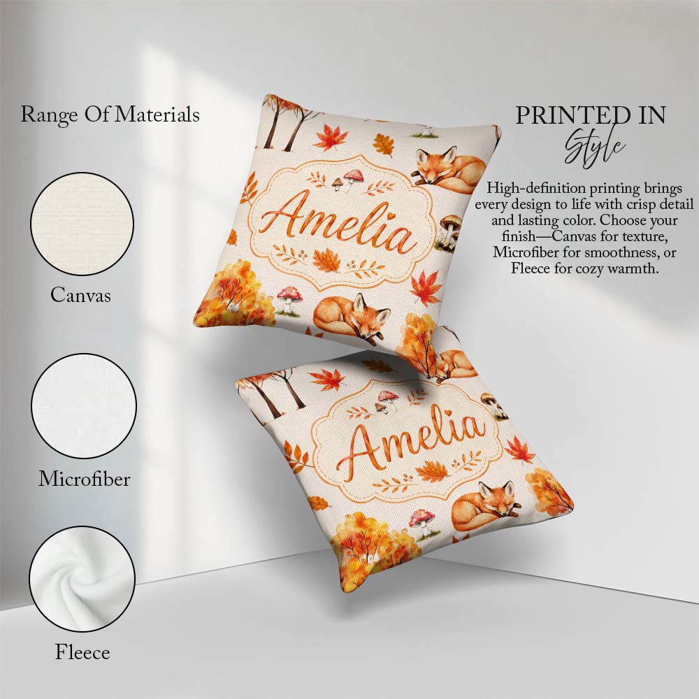 Custom Name Sleeping Fox Autumn Leaves Mushrooms Forest Seamless Square Filled Cushion Throw Pillow Sofa Bed Home Decor Zip Washable UK Made