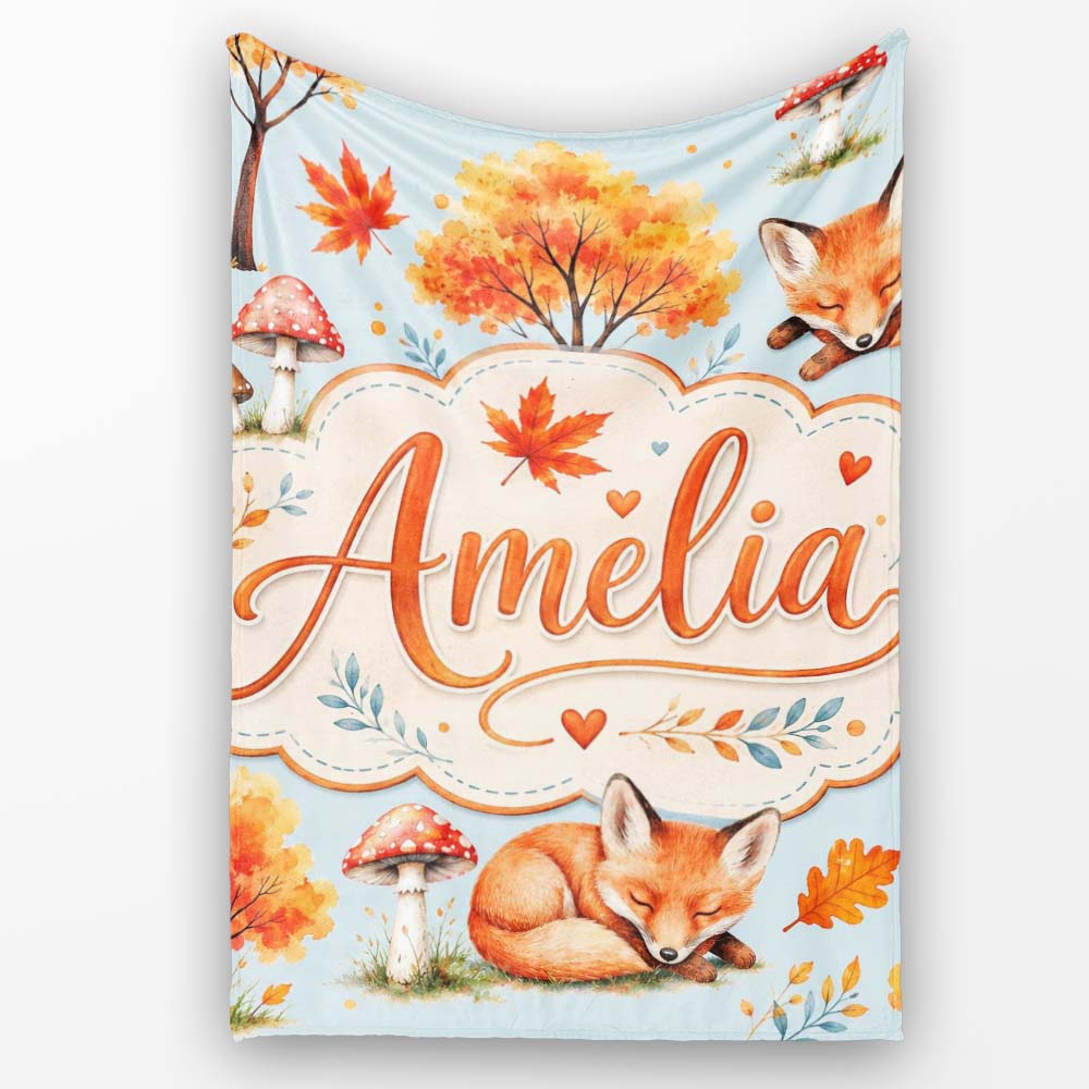 Sleeping Fox Autumn Leaves Mushrooms Forest Seamless Pattern Blue Personalised Custom Name Super Soft Fleece Blanket Bed Sofa Throw