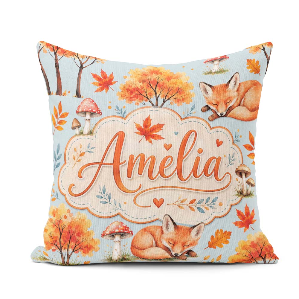 Custom Name Sleeping Fox Autumn Leaves Mushrooms Forest Seamless Square Filled Cushion Throw Pillow Sofa Bed Home Decor Zip Washable UK Made