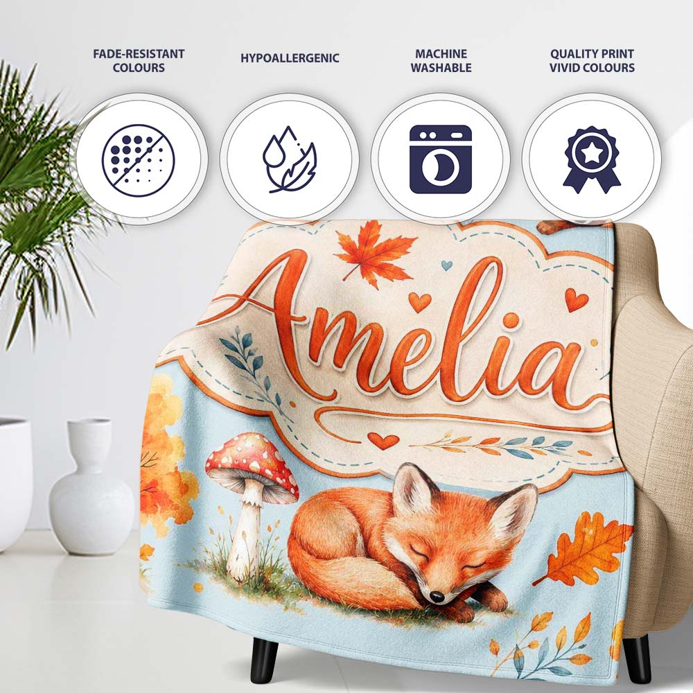 Sleeping Fox Autumn Leaves Mushrooms Forest Seamless Pattern Blue Personalised Custom Name Super Soft Fleece Blanket Bed Sofa Throw
