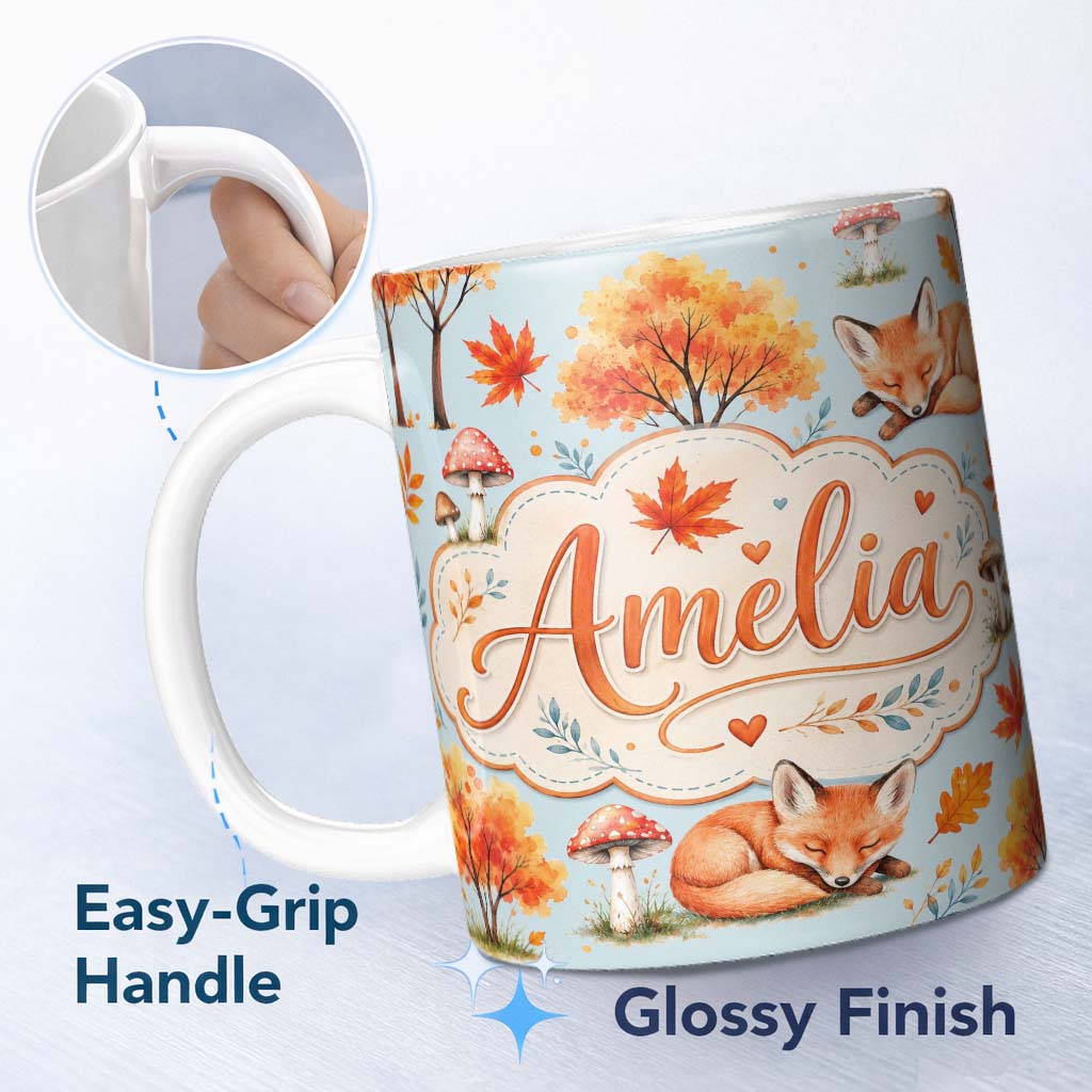 Personalized Custom Name Sleeping Fox Autumn Leaves Mushrooms Forest Seamless Pattern Blue 11oz Ceramic Coffee Tea Mug White Large Handle